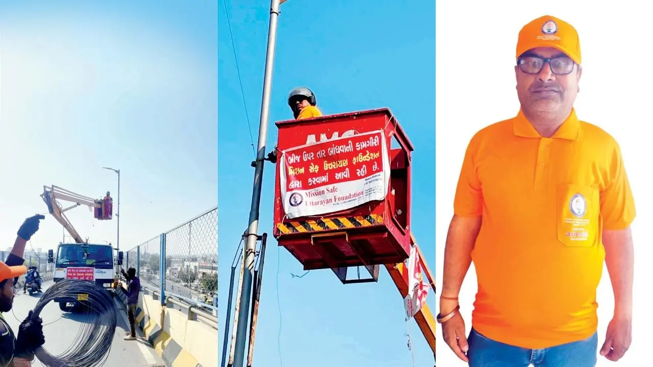  હેલ્પરની મદદથી થતી તાર બાંધવાની કામગીરી. મનોજ ભાવસાર અને હાઇડ્રોલિક પ્લૅટફૉર્મ પર ચડીને તાર બાંધવાનું કામ કરતા મનોજ ભાવસાર.