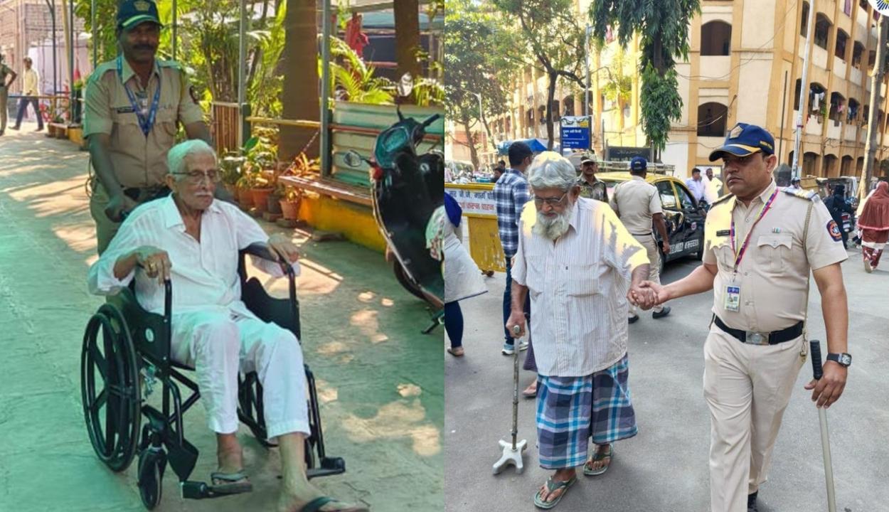 મતદાન સમયે વરિષ્ઠ નાગરિકોને મદદ કરતી મુંબઈ પોલીસ (તસવીર સૌજન્ય: સોશિયલ મીડિયા)