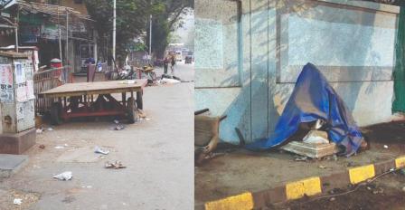 મુલુંડમાં એમ. જી. રોડની ફુટપાથ પર બાપ્પાની મૂર્તિ અને ટ્રૉલી.