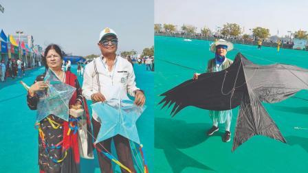 અમદાવાદના પતંગ મહોત્સવમાં પતંગ ચગાવવા આવેલાં અંધેરીનાં કલ્પના ખારવા અને પીષૂય ખારવા. સોમવારે અમદાવાદમાં કાગડા આકારની પતંગ સાથે કલ્પના ખારવા. 