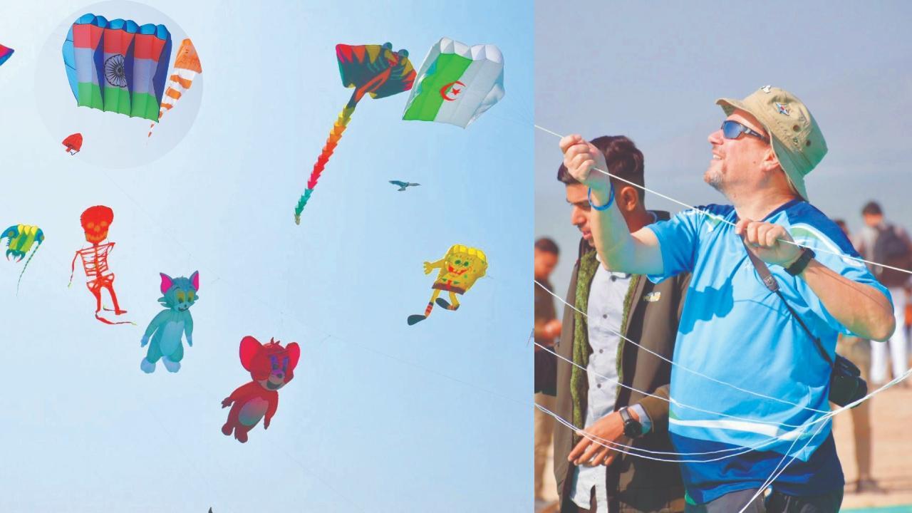 ધોળાવીરાના આકાશમાં ચગેલી પતંગો. સુરતમાં તિરંગાની પતંગ તેમ જ હનુમાનજીની પતંગ સહિતની પતંગોએ આકર્ષણ જમાવ્યું હતું. ધોળાવીરામાં પતંગ ચગાવી રહેલા વિદેશી પતંગબાજ.