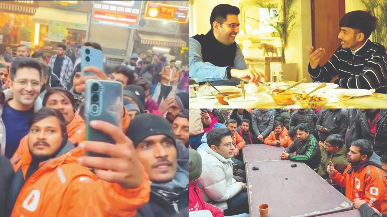 ૩૧ ડિસેમ્બરે હડતાળ પર ઊતરેલા ડિલિવરી-બૉય્ઝ સાથે દિલ્હીમાં રાઘવ ચઢ્ઢા, થોડા દિવસ પહેલાં હિમાંશુ નામના એક ડિલિવરી-બૉયને રાઘવ ચઢ્ઢાએ પોતાના ઘરે લંચ પર બોલાવ્યો હતો.