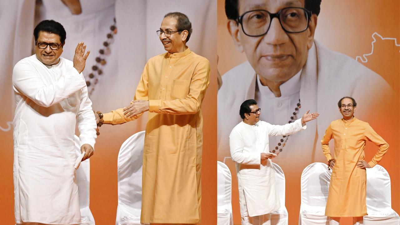 બાળ ઠાકરેની જન્મશતાબ્દી નિમિત્તે ગઈ કાલે ષણ્મુખાનંદ હૉલમાં યોજાયેલા સંયુક્ત સંબોધન વખતે શિવસેના (UBT)ના ઉદ્ધવ ઠાકરે અને મહારાષ્ટ્ર નવનિર્માણ સેનાના રાજ ઠાકરે (તસવીરો : આશિષ રાજે)