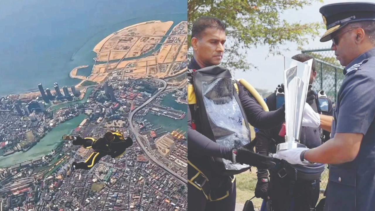 કોલંબોના સ્ટેડિયમમાં પૅરાગ્લાઇડિંગ કરીને લૅન્ડ થઈ T20 વર્લ્ડ કપની ટ્રોફી