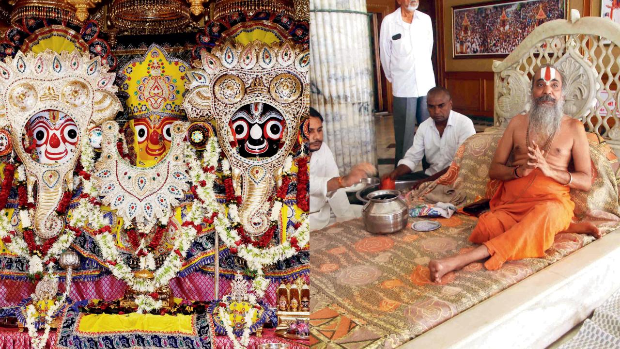 ભગવાન જગન્નાથજી, બહેન સુભદ્રાજી અને ભાઈ બળદેવજીના ગજવેશ શણગારનાં દર્શન, જગન્નાથ મંદિરની ગાદી પર બિરાજમાન મહંત દિલીપદાસજી મહારાજ. તસવીરો : જનક પટેલ