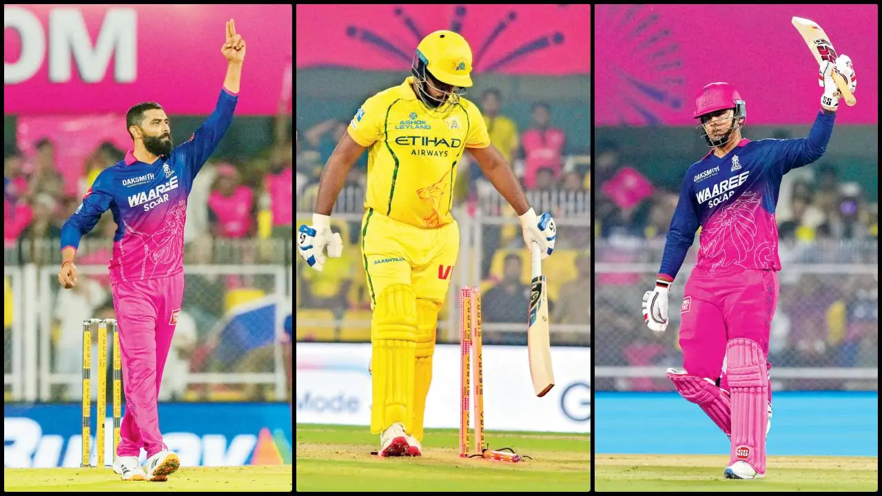 પહેલી ઓવરમાં બે વિકેટ લીધા બાદ ઉજવણી કરતો રવીન્દ્ર જાડેજા, ગઈ કાલે ૬ રને બોલ્ડ થયા બાદ નિરાશ થયો હતો સંજુ સૅમસન, વૈભવ સૂર્યવંશીએ ૩૦૫.૮૮ના સ્ટ્રાઇક-રેટથી બૅટિંગ કરીને ૧૫ બૉલમાં ફિફટી નોંધાવી.