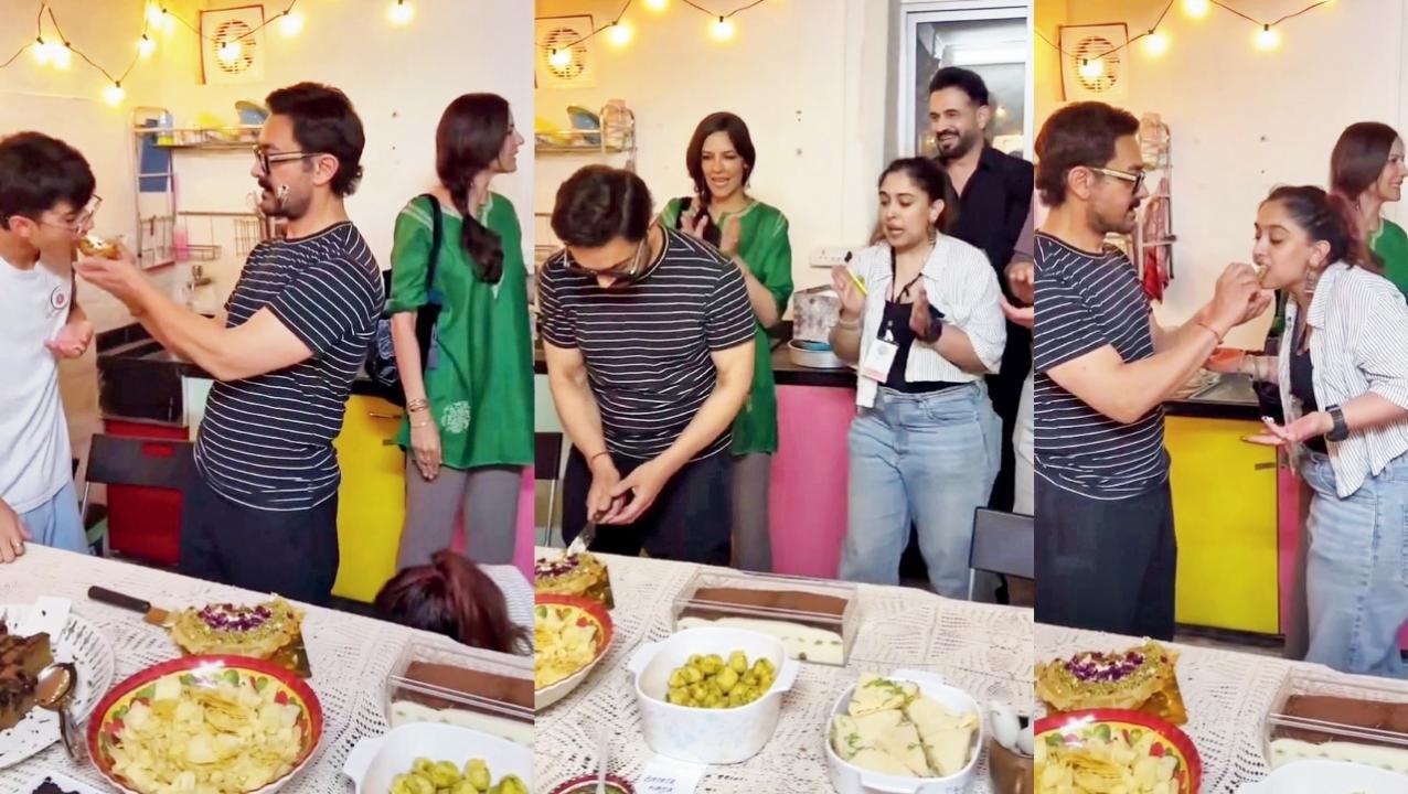 આમિર કેક કટ કરીને સૌપ્રથમ પોતાના પુત્ર આઝાદને અને પછી દીકરી આયરાને અને અંતમાં ગૌરી સ્પ્રૅટને ખવડાવતો જોવા મળે છે