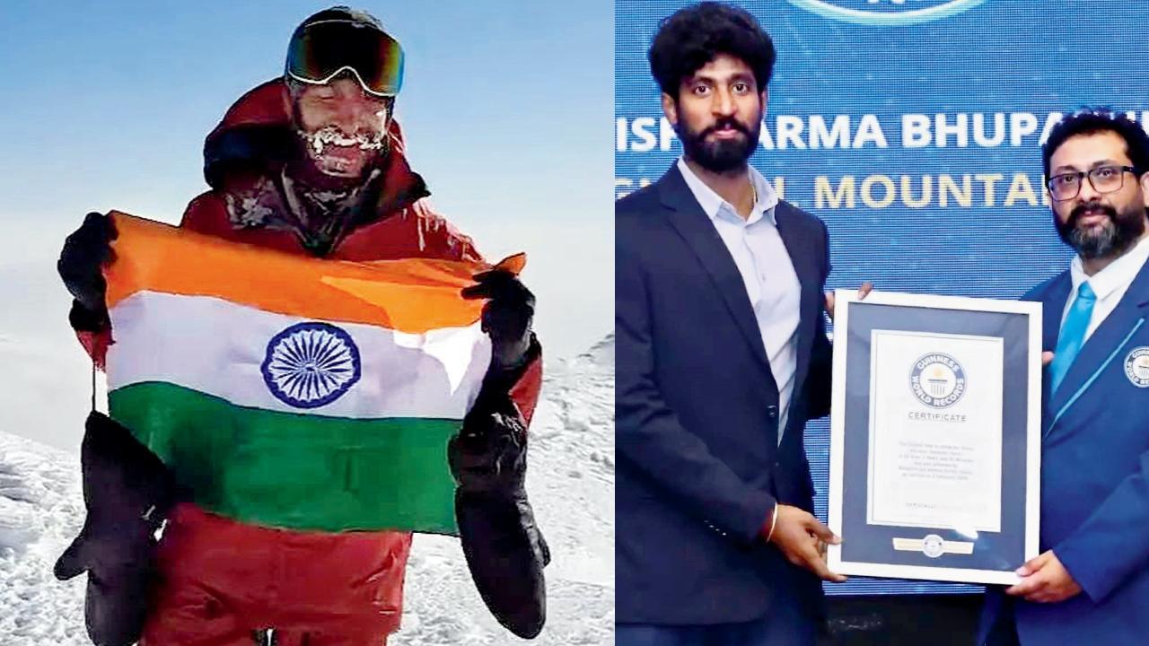 રશિયાના માઉન્ટ એલ્બર્સ પર ભૂપતિરાજુ અનમિશ વર્મા, ૭ જ્વાળામુખી શિખરો સૌથી ઓછા સમયમાં સર કરવાનો ગિનેસ વર્લ્ડ રેકૉર્ડ સ્વીકારતો ભૂપતિરાજુ અનમિશ વર્મા