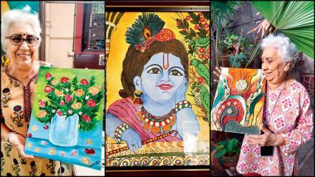 પોતાની કૃતિઓ સાથે ઇન્દિરા મહેતા.