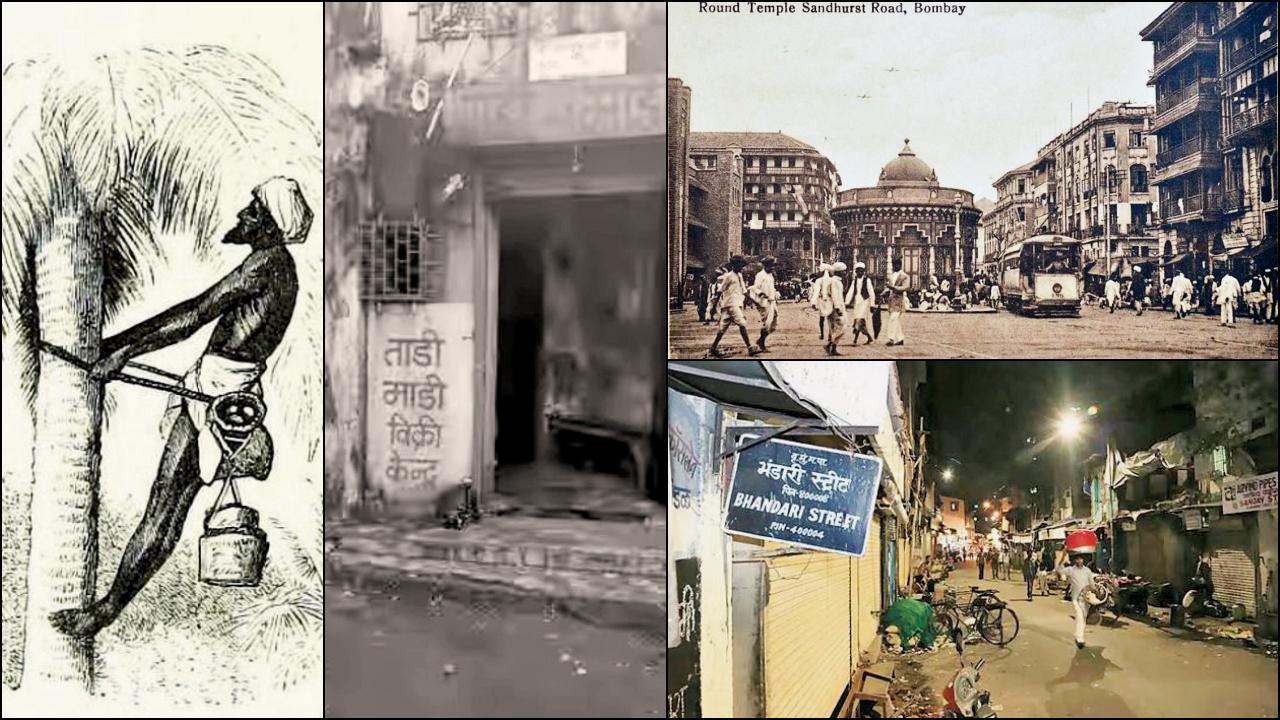 તાડના ઝાડ પર ભંડારી, તાડી માડી વિક્રી કેન્દ્ર, ગોળ દેવળ, ૧૯૦૭ પછી ક્યારેક, ભંડારી સ્ટ્રીટની તસવીરોનો કૉલાજ.