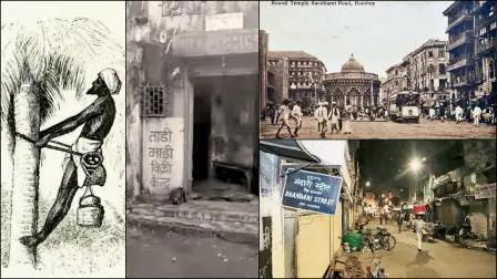 તાડના ઝાડ પર ભંડારી, તાડી માડી વિક્રી કેન્દ્ર, ગોળ દેવળ, ૧૯૦૭ પછી ક્યારેક, ભંડારી સ્ટ્રીટની તસવીરોનો કૉલાજ.