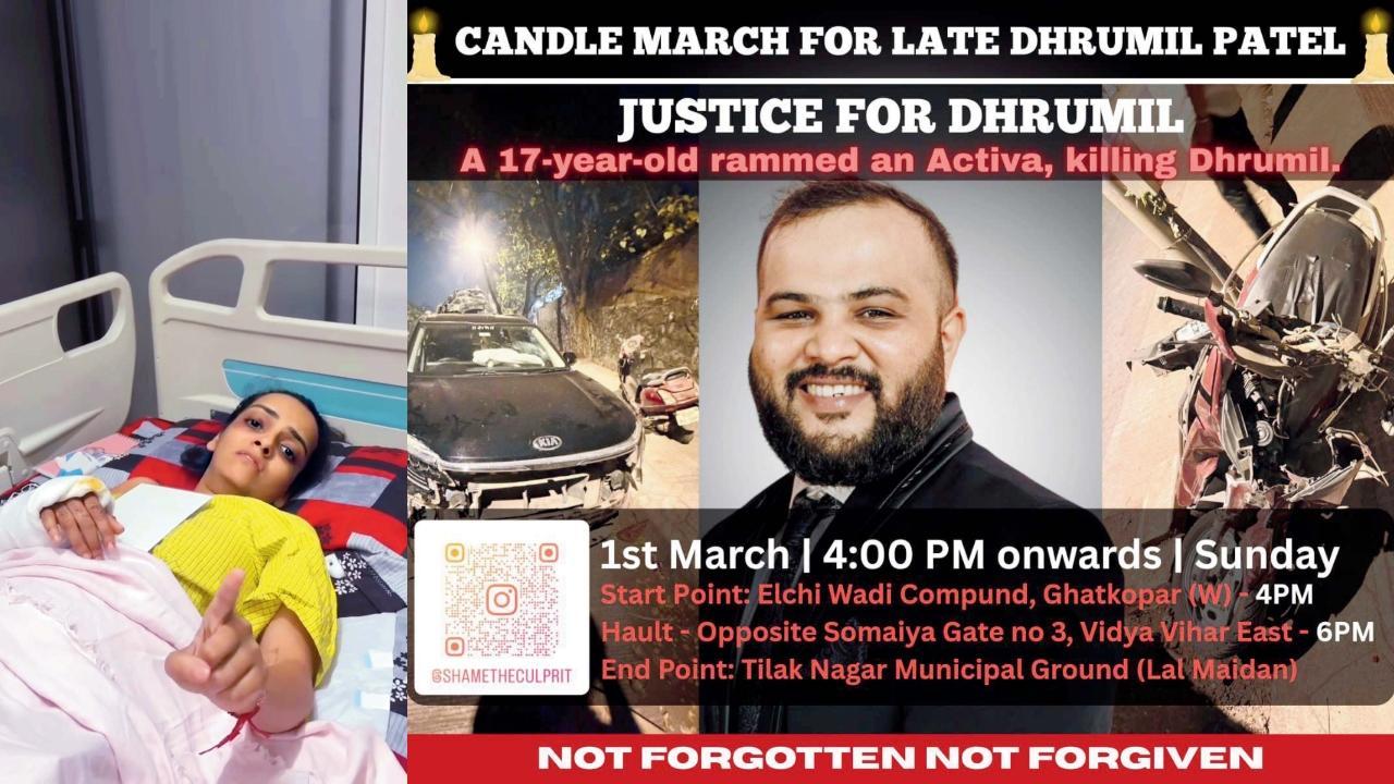 વિડિયોમાં લોકોને કૅન્ડલ માર્ચમાં આવવાની હાકલ કરતી મીનળ પટેલ અને કૅન્ડલ માર્ચનું પોસ્ટર.
