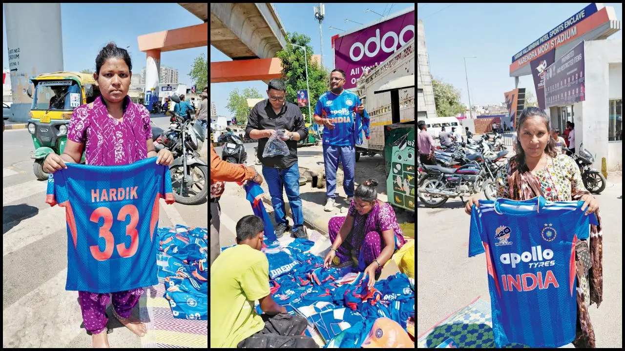 મુંબઈથી અમદાવાદ આવેલી પૂજા પવાર, પૂજા પવાર પાસેથી ટી-શર્ટ ખરીદી રહેલા ક્રિકેટ-ફૅન્સ અને સેલવાસથી આવેલી કિરણ કાલે