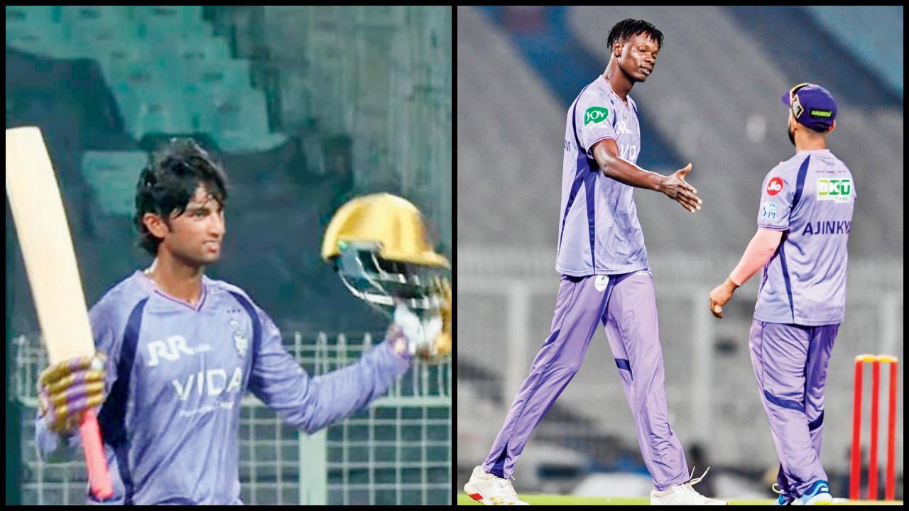 સદી ફટકાર્યા બાદ ઉજવણી કરતો અંગક્રિશ રઘુવંશી. ઝિમ્બાબ્વેના ખતરનાક પેસ બોલર મુઝરબાની બ્લેસિંગે ૩ ઓવરમાં ૩૦ રન આપીને ૧ વિકેટ લીધી હતી.