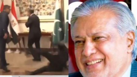 વાયરલ વીડિયોમાંથી સ્ક્રીન શૉટ અને પાકિસ્તાનના નાયબ વડા પ્રધાન અને વિદેશ પ્રધાન, ઇશાક ડાર (તસવીર: સોશિયલ મીડિયા)