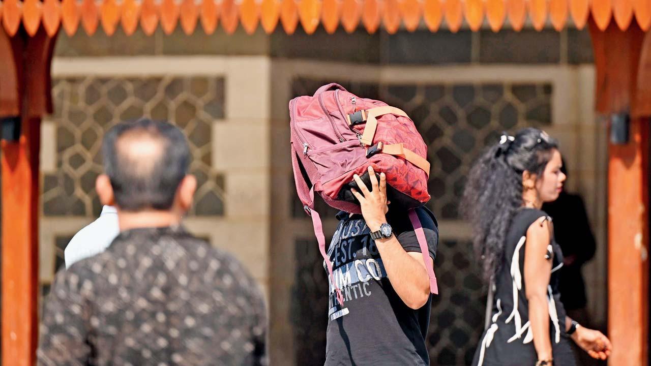 ગઈ કાલે બાંદરામાં ગરમીથી બચવા એક વ્યક્તિએ પોતાની બૅકપૅકનો આશરો લીધો હતો. તસવીર : સતેજ શિંદે