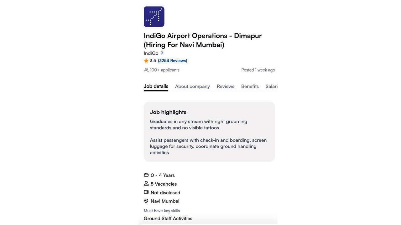 નવી મુંબઈ ઍરપોર્ટ પર ભરતી માટેના સોશ્યલ મીડિયા પર મુકાયેલા સ્ક્રીન-શૉટ્સ.