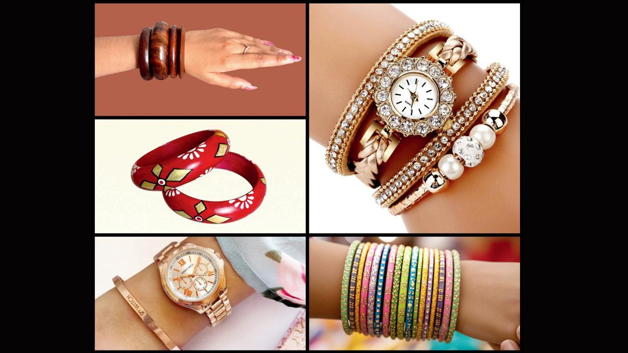 વુડ બૅન્ગલ, કડા સાથે ઘડિયાળ, બૅન્ગલ સાથે ઘડિયાળ, ટેરાકોટા કડા, મેટલિક બૅન્ગલ અને મલ્ટિકલર બૅન્ગલ