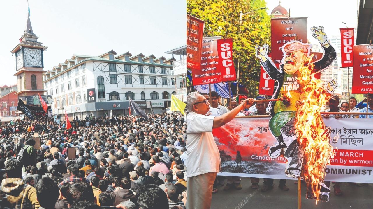 શ્રીનગર (ડાબે), અમેરિકાએ ઈરાના પર કરેલા હુમલાના વિરોધમાં કલકત્તામાં પ્રદર્શનકારીઓએ ડોનલ્ડ ટ્રમ્પનાં પોસ્ટરો બાળ્યાં હતાં.