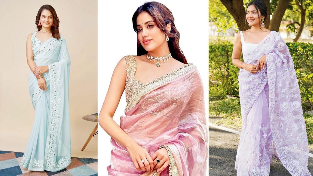 બેબી બ્લુ સાડી, ઓર્ગાન્ઝા સાડી, લૅવન્ડર પેસ્ટલ સાડી