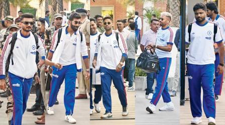 ગઈ કાલે અમદાવાદની તાજ સ્કાયલાઇન હોટેલમાં પહોંચેલા ભારતીય ક્રિકેટરો અક્ષર પટેલ, હાર્દિક પંડ્યા, જસપ્રીત બુમરાહ, સંજુ સૅમસન અને સૂર્યકુમાર યાદવ (તસવીરો : જનક પટેલ)