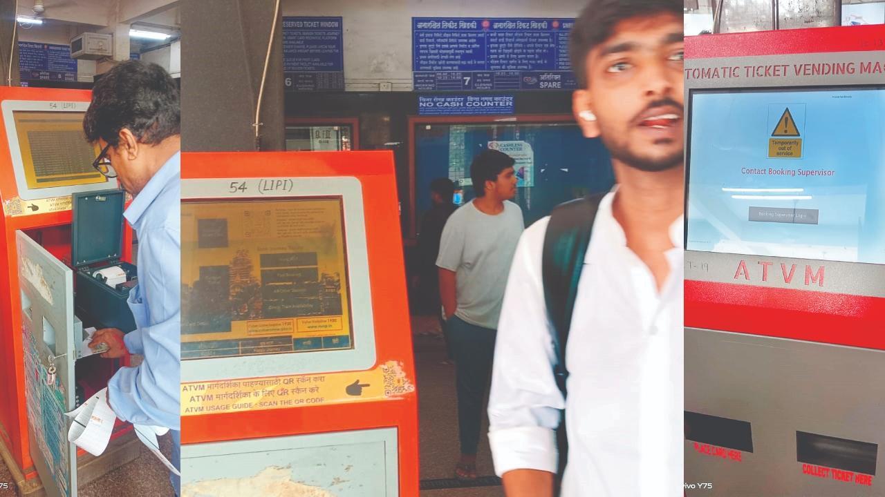 એક ATVMમાં એક કે અન્ય ટેક્નિકલ ફૉલ્ટ આવતાં પ્રવાસીઓનો સમય અને પૈસા બન્ને બરબાદ થયા હતા. તસવીરોમાં વિવિધ ટેક્નિકલ એરર દર્શાવતી ઑટોમૅટિક ટિકિટ વેન્ડિંગ મશીનની સ્ક્રીન, ટિકિટ લીધા વગર પ્રવાસ કરવા મજબૂર થનારા હાર્દિક બુધવંત, મશીન ચેક કરતો રેલવે-સ્ટાફ. તસવીરો ઃ યશ રાવલ