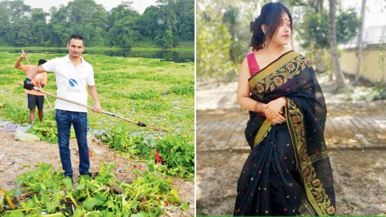 જળકુંભી કાઢી રહેલા ગૌરવ આનંદ, જળકુંભીમાંથી બનાવેલી ડિઝાઇનર સાડી.