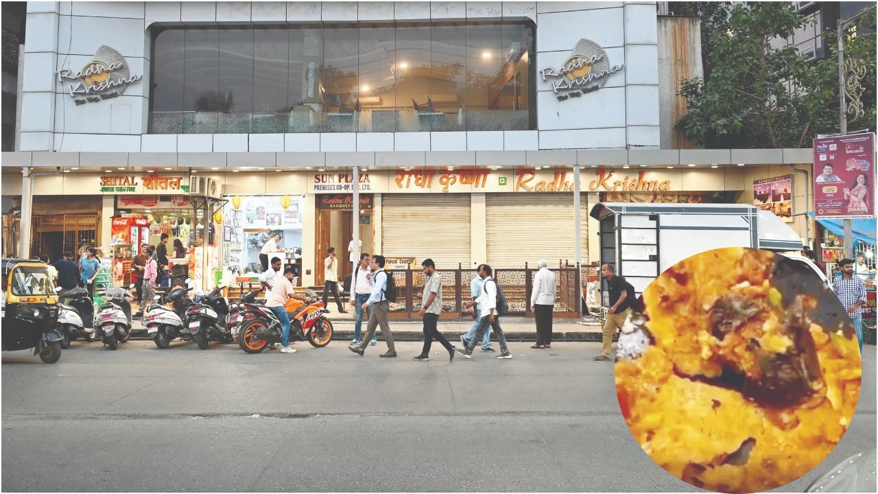 લાઇસન્સ સસ્પેન્ડ થયા પછી બંધ પડેલી બોરીવલીની રાધા કૃષ્ણા રેસ્ટોરાં. તસવીર: સતેજ શિંદે/ મૈસૂર મસાલા ઢોસાના મસાલામાંથી મળેલો મરેલો ઉંદર.