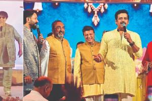 ફાલ્ગુની પાઠકના સૂર સાથે રમઝટ બોલાવતા ખેલૈયાઓ તથા મુખ્ય મહેમાન ​રવિ કિશન, વિખ્યાત ઍડ્વોકેટ અમીત મહેતા અને અલ્ફાન્ઝો સ્ટુડિયોઝના સમીર સાટા. તસવીરો : સુજિત બંગેરા.