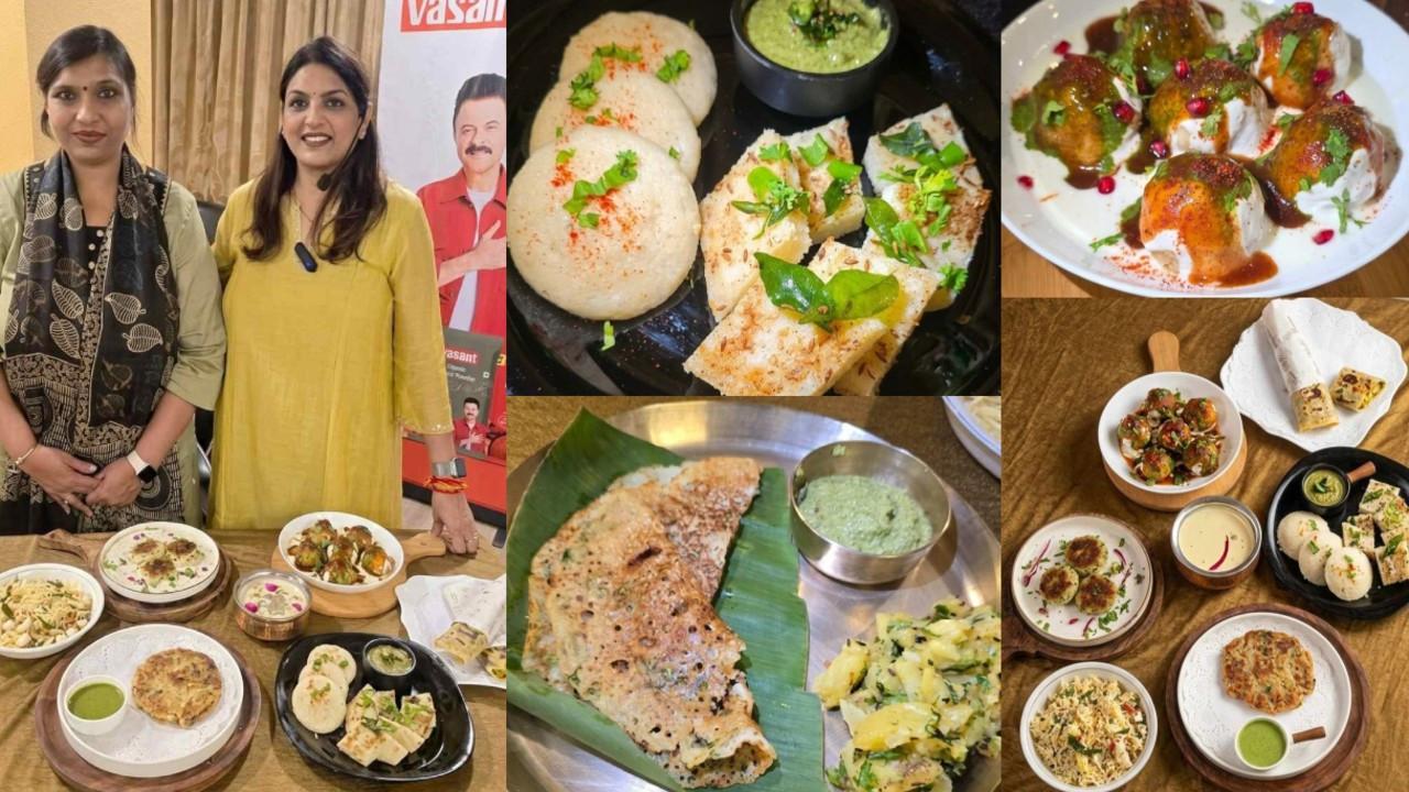 ફરાળી વાનગીઓની તસવીરો સાથે મોના શેઠની તસવીરોનો કૉલાજ