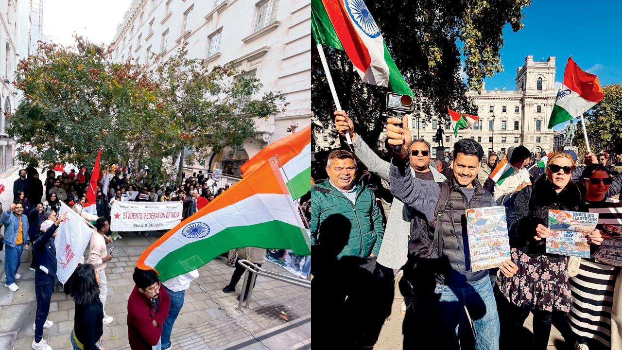 ગઈ કાલે લંડનમાં પાર્લમેન્ટ સ્ક્વેર પર નરેન્દ્ર મોદીના સપોર્ટરો (ઉપર) અને જ્ઞાનેશ કુમારની હકાલપટ્ટીની માગણી કરતા પ્રદર્શનકારીઓ.