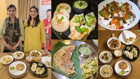 ફરાળી વાનગીઓની તસવીરો સાથે મોના શેઠની તસવીરોનો કૉલાજ